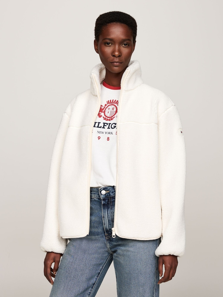 Tommy Hilfiger White Regular Fit Teddy Zip Up Jacket - Image 1 of 5