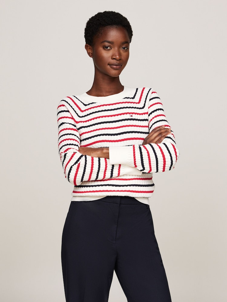 Tommy Hilfiger Stripe 100% Organic Cotton Cable Crew Neck Sweater - Image 1 of 5