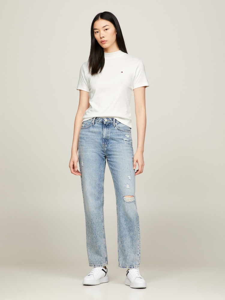 Tommy Hilfiger White Slim Fit Cody Cropped Mock Neck 100% Cotton T-Shirt - Image 1 of 2
