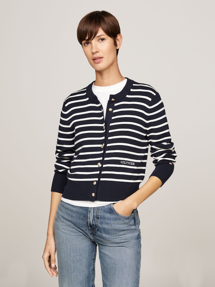 Tommy Hilfiger Blue Mini Stripe Cotton Crew Neck Cardigan - Image 1 of 5