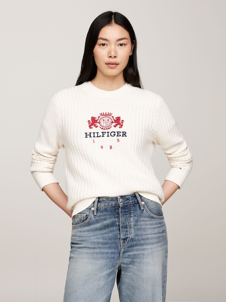 Tommy Hilfiger Cream Varsity Crest Crew Neck Jumper - Image 1 of 4