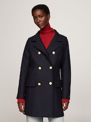Niebieski płaszcz dwurzędowy Tommy Hilfiger o dopasowanym kroju z domieszką wełny i stójką - Image 1 of 5