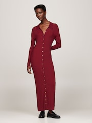 Tommy Hilfiger Red Gold Button Rib Long Sweat Dress - Image 1 of 5