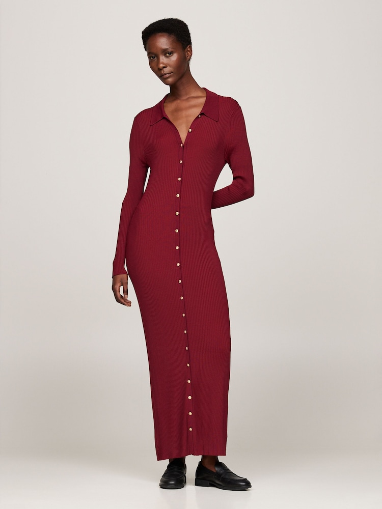 Tommy Hilfiger Red Gold Button Rib Long Sweat Dress - Image 1 of 5