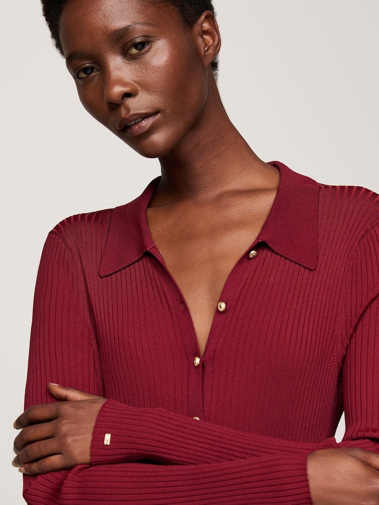 Tommy Hilfiger Red Gold Button Rib Long Sweat Dress - Image 3 of 5