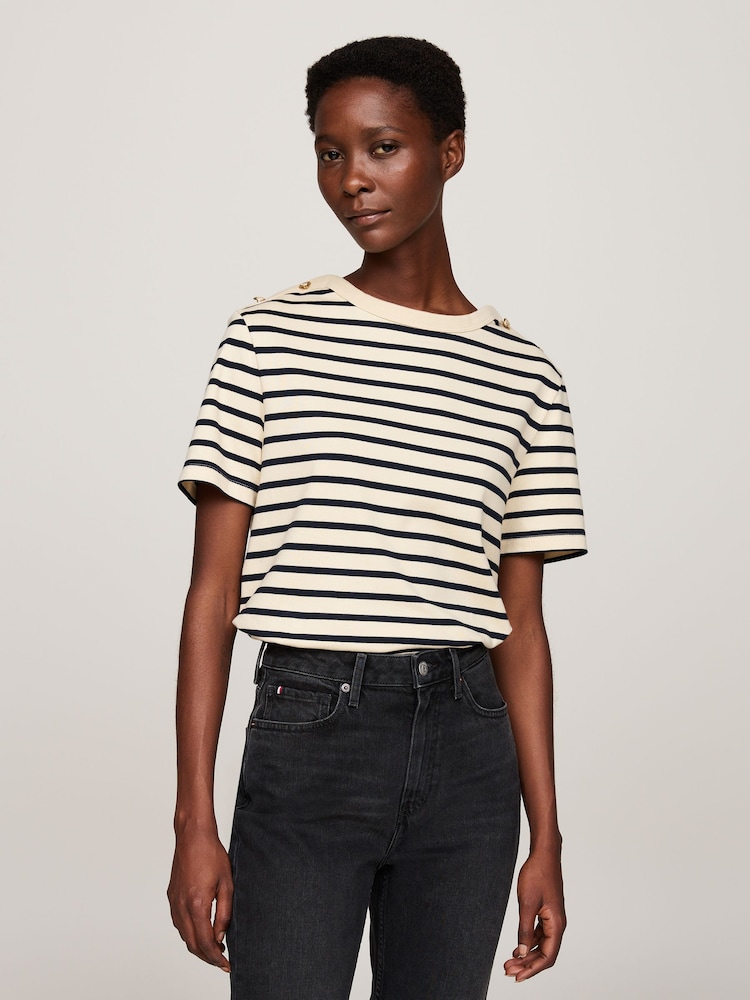 Tommy Hilfiger Nude Regular Fit Stripe Crew Neck Short Sleeved 100% Cotton T-Shirt - Image 1 of 5