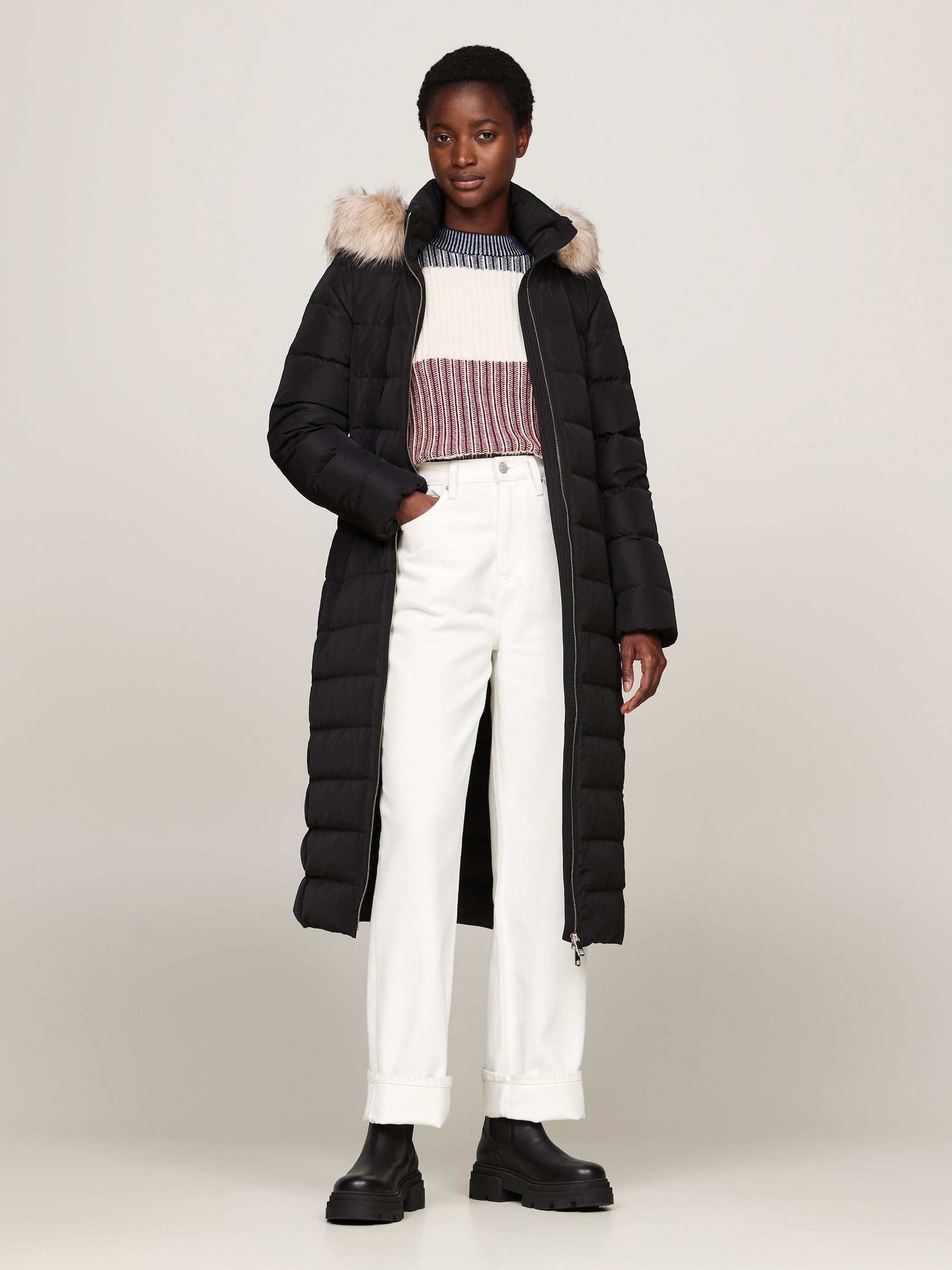 Tommy Hilfiger Heritage Down Tyra Maxi Black Jacket With Faux Fur Medium Womens