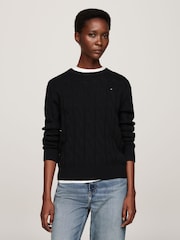 Tommy Hilfiger Black Soft Wool Cable Crew Neck Jumper - Image 1 of 5