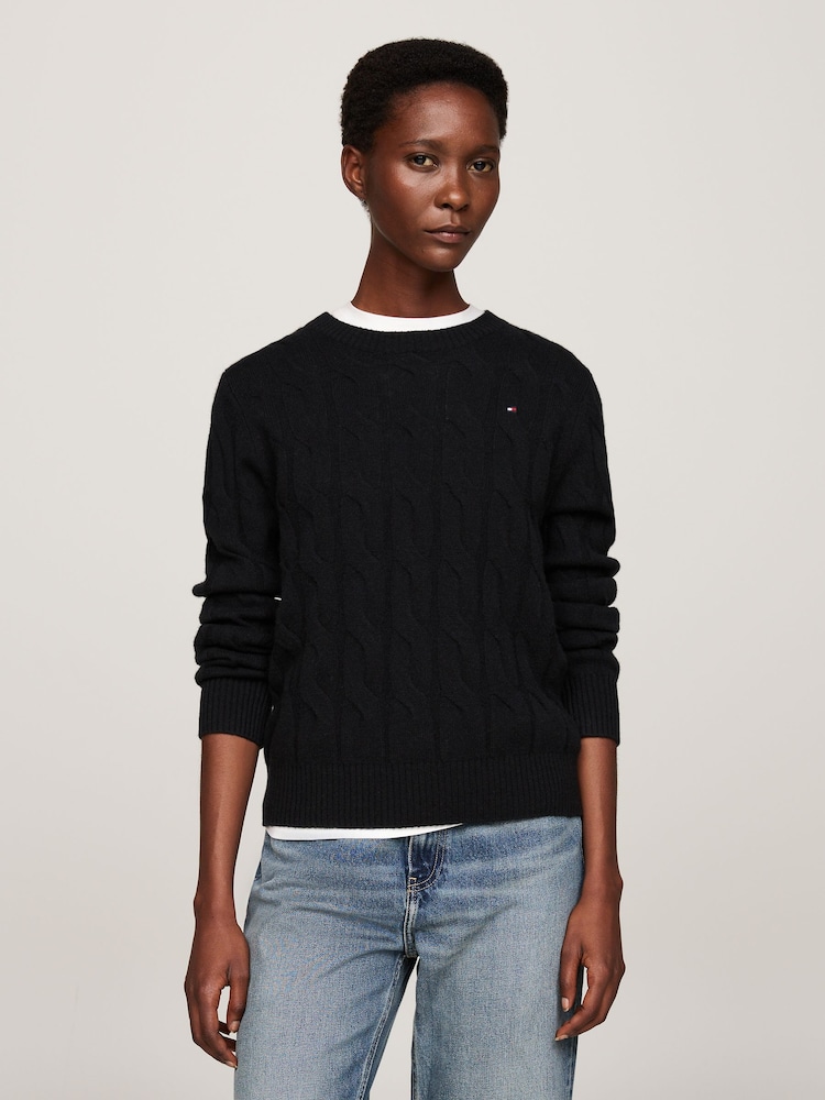 Tommy Hilfiger Black Soft Wool Cable Crew Neck Jumper - Image 1 of 5