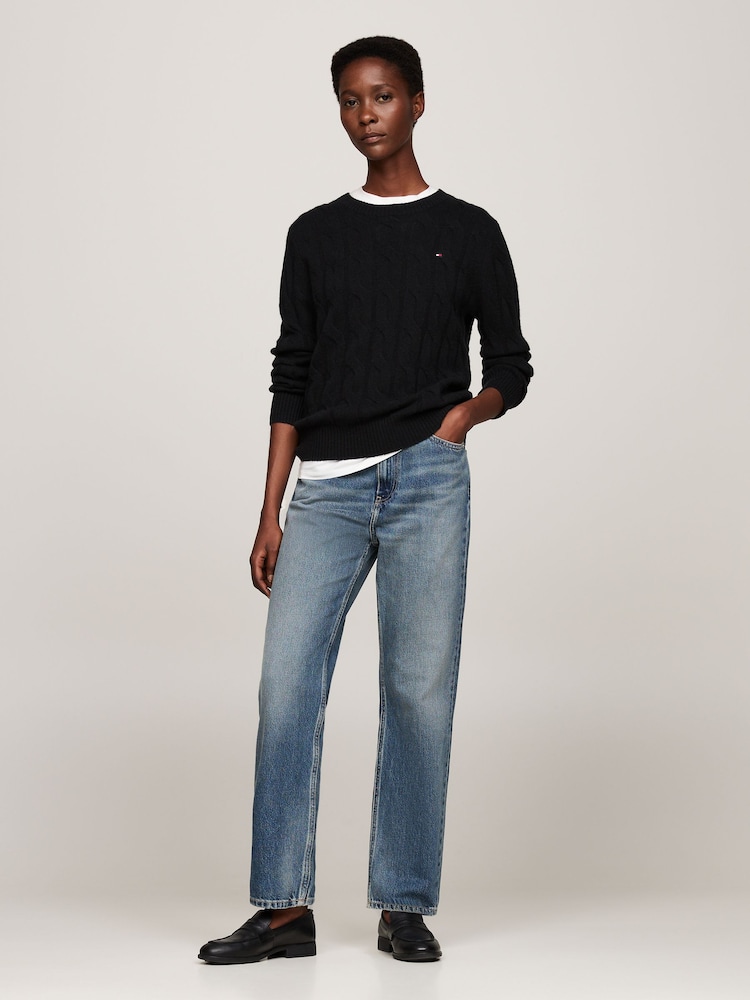 Tommy Hilfiger Black Soft Wool Cable Crew Neck Jumper - Image 2 of 5
