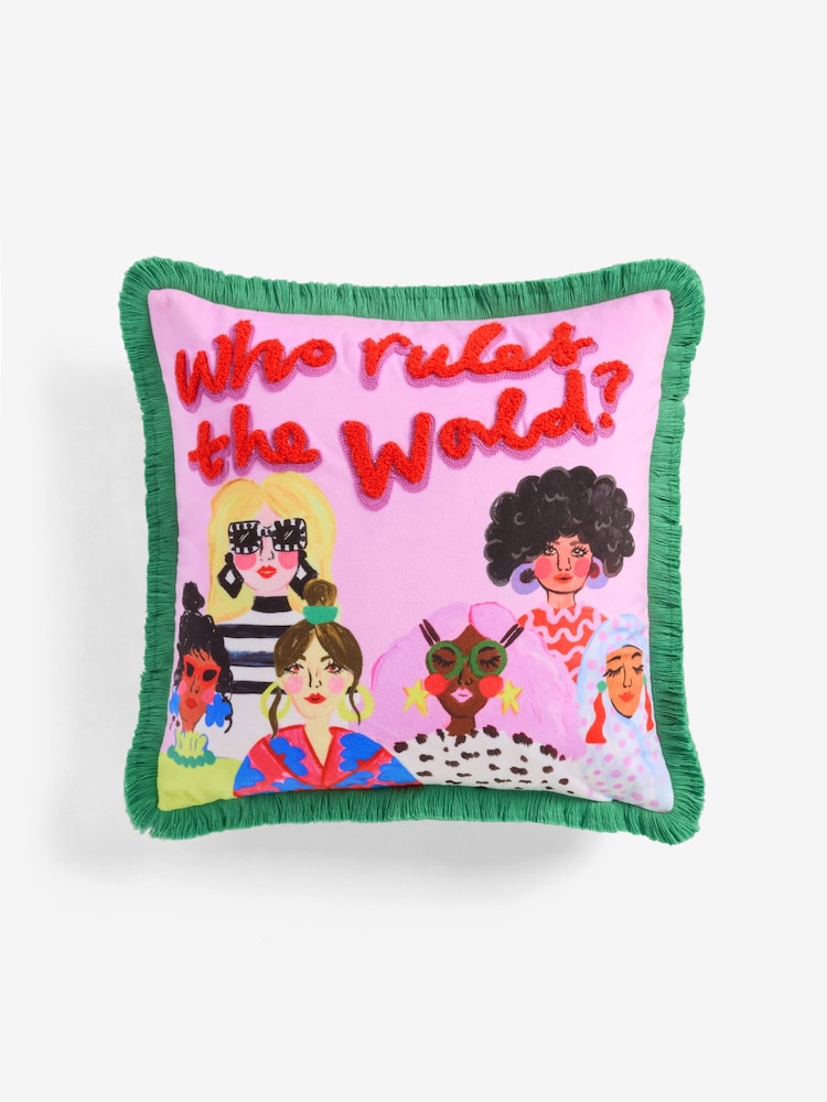 Eleanor Bowmer Who Rules The World Girls Embroidered Fringe Slogan Cushion - Image 4 of 6