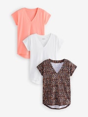 Apricot/Stripe/White 100% Cotton V-Neck Cap Sleeve T-Shirts 3 Pack - Image 1 of 9