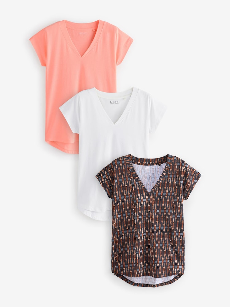 Apricot/Stripe/White 100% Cotton V-Neck Cap Sleeve T-Shirts 3 Pack - Image 1 of 9