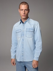 Light Blue 100% Cotton Denim Western Long Sleeve Shirt - Image 1 of 9