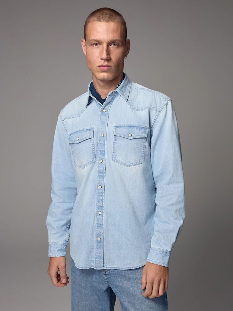 Light Blue 100% Cotton Denim Western Long Sleeve Shirt - Image 1 of 9