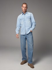 Light Blue 100% Cotton Denim Western Long Sleeve Shirt - Image 2 of 9