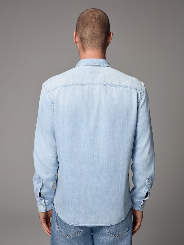Light Blue 100% Cotton Denim Western Long Sleeve Shirt - Image 3 of 9