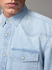 Light Blue 100% Cotton Denim Western Long Sleeve Shirt - Image 4 of 9