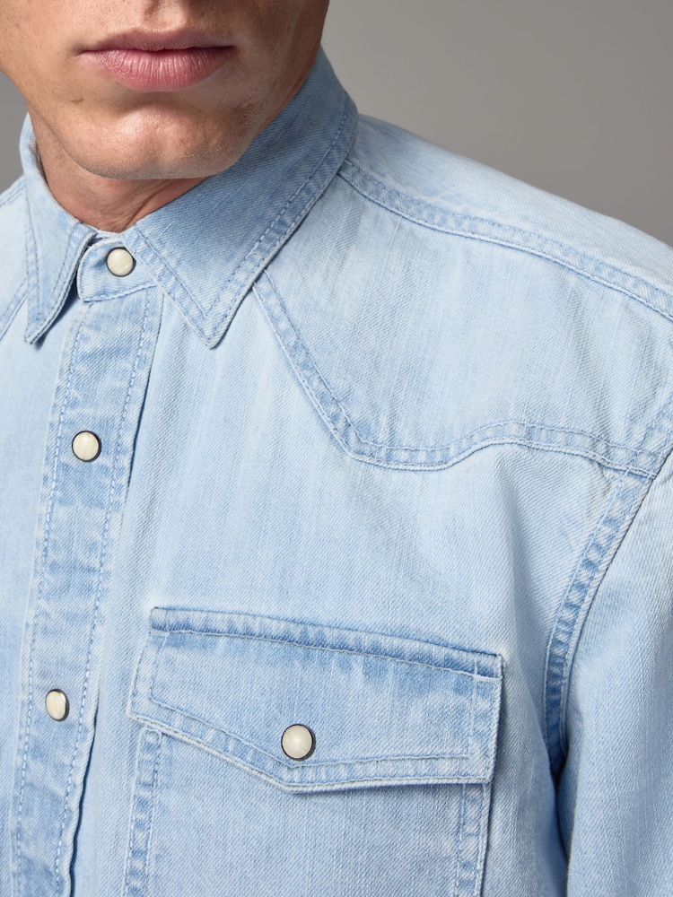 Light Blue 100% Cotton Denim Western Long Sleeve Shirt - Image 4 of 9