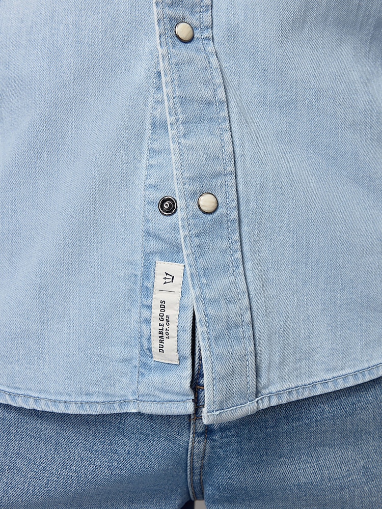 Light Blue 100% Cotton Denim Western Long Sleeve Shirt - Image 6 of 9