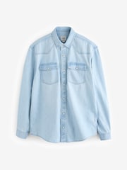 Light Blue 100% Cotton Denim Western Long Sleeve Shirt - Image 7 of 9
