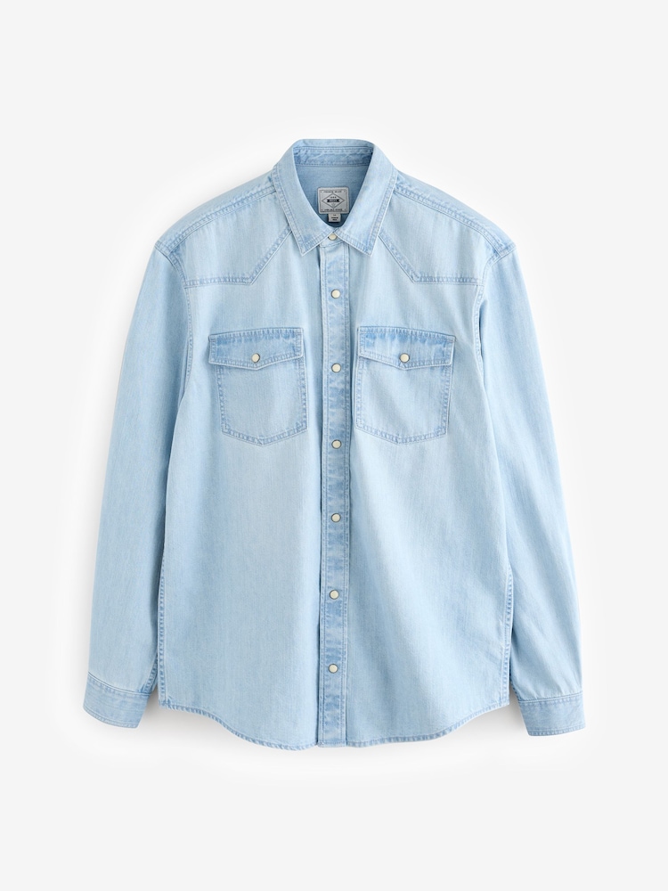 Light Blue 100% Cotton Denim Western Long Sleeve Shirt - Image 7 of 9