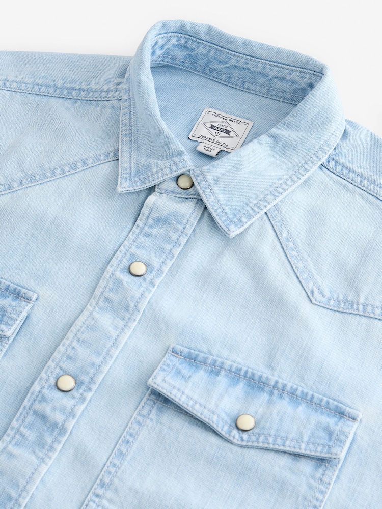 Light Blue 100% Cotton Denim Western Long Sleeve Shirt - Image 8 of 9