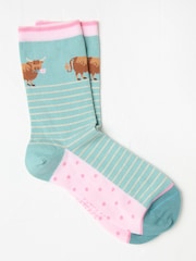 FatFace Green Hetty Highland Cow Women's Socks - Image 1 of 2