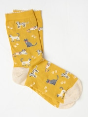 FatFace Yellow Cat Socks - Image 1 of 2