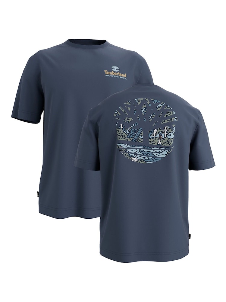Timberland Blue Illustrated Tree Logo Back Graphic 100% Cotton T-Shirt - Image 1 of 1