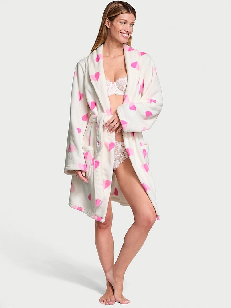 Victoria's Secret Coconut White & Pink Hearts Cosy Short Dressing Gown - Image 1 of 3