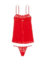 Victoria's Secret Vermillion Red Lace Top Pleated Babydoll Set - Image 2 of 2