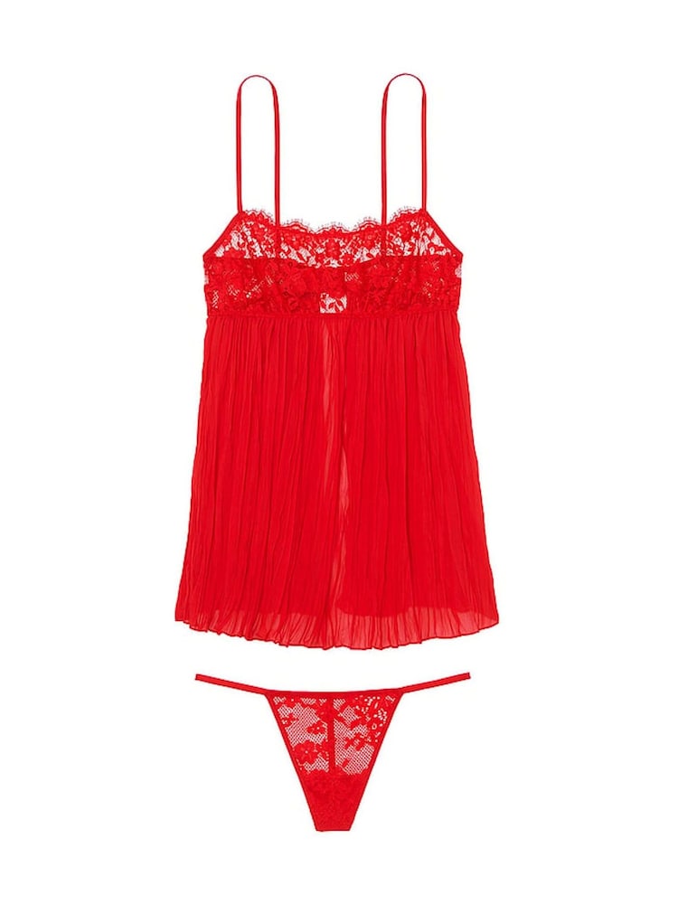 Victoria's Secret Vermillion Red Lace Top Pleated Babydoll Set - Image 2 of 2