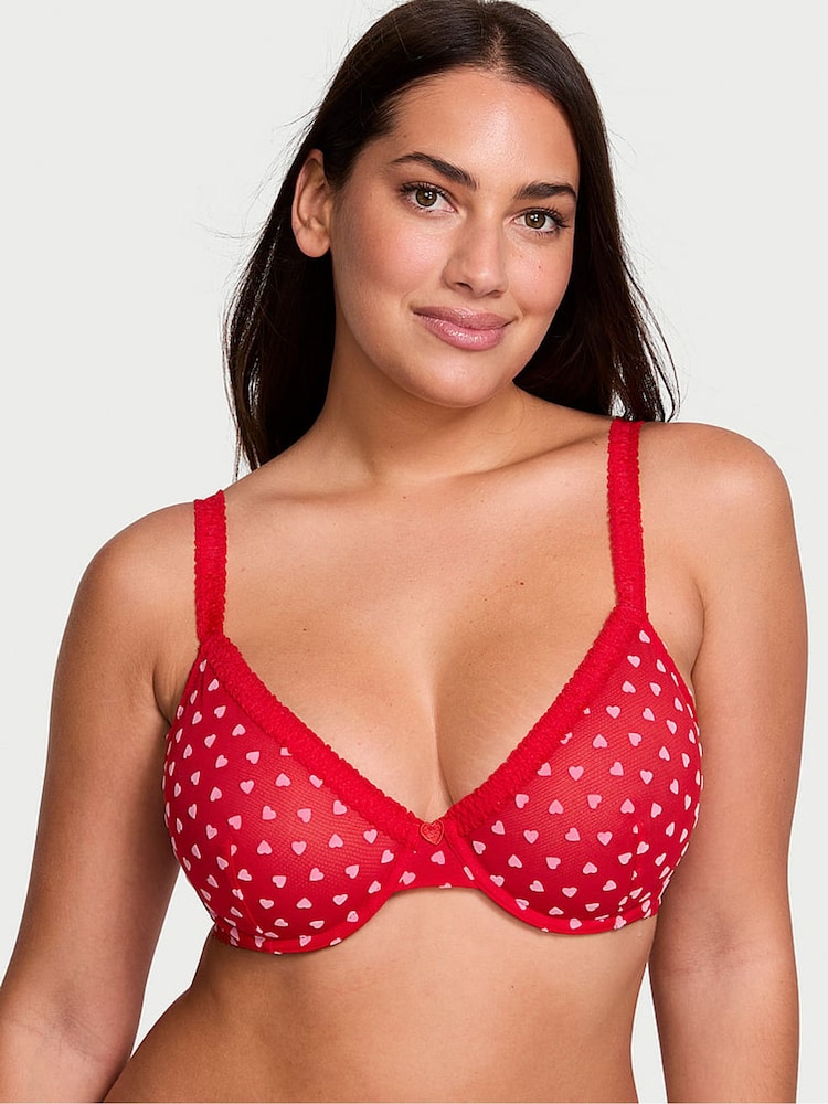 Victoria's Secret Vermillion Red Hearts Flocked Unlined Demi Bra - Image 1 of 3
