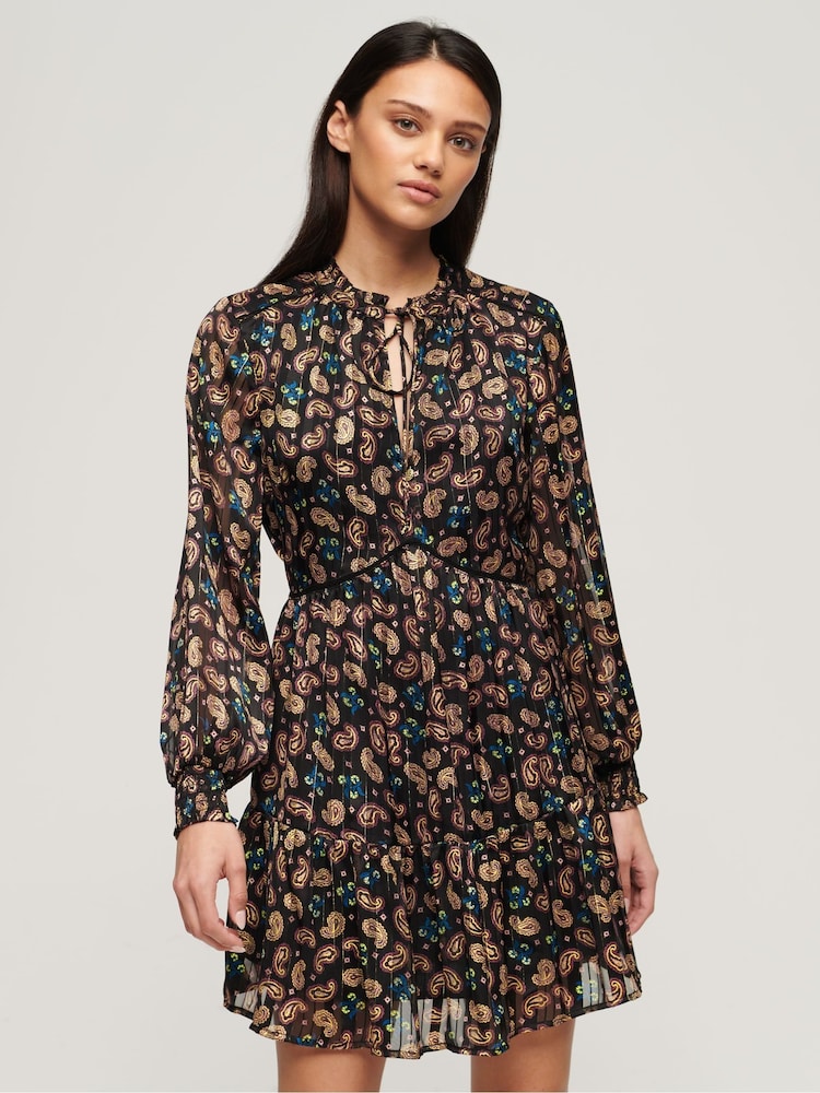 Superdry Brown Mini Printed Long Sleeve Metallic Dress - Image 1 of 3