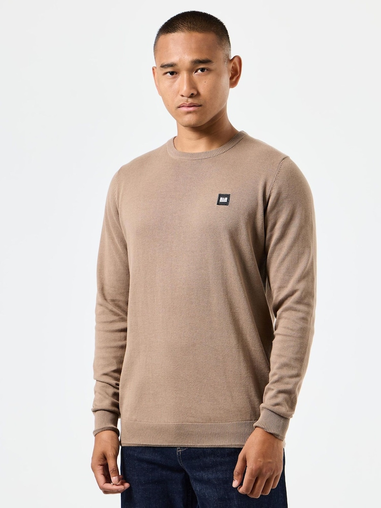 Weekend Offender Mens Solace Crew Neck Knitted 100% Cotton Brown Sweater - Image 1 of 6 Weekend Offender Mens Solace Crew Neck Knitted 100% Cotton Brown Sweater - Image 1 of 6
