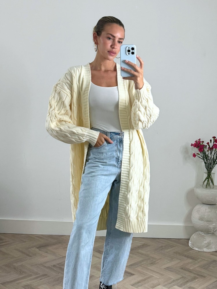 Style Cheat Cream Willa Cable Knit Maxi Cardigan - Image 1 of 4