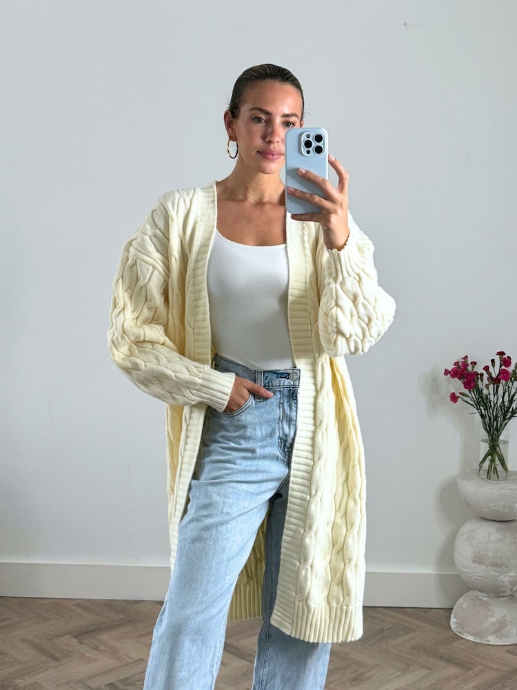 Style Cheat Cream Willa Cable Knit Maxi Cardigan - Image 4 of 4