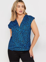 M&Co Blue Large Animal Print Woven Wrap Top - Image 4 of 5