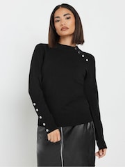 PixieGirl Petite Black Button Cuff Neck Jumper - Image 1 of 5