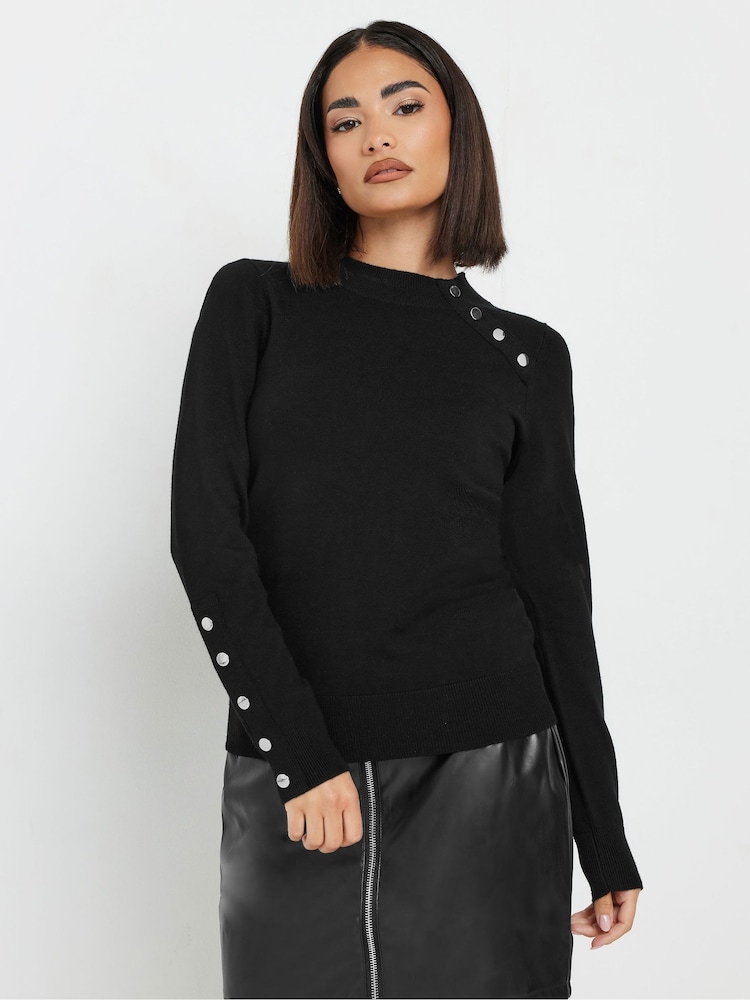 PixieGirl Petite Black Button Cuff Neck Jumper - Image 1 of 5