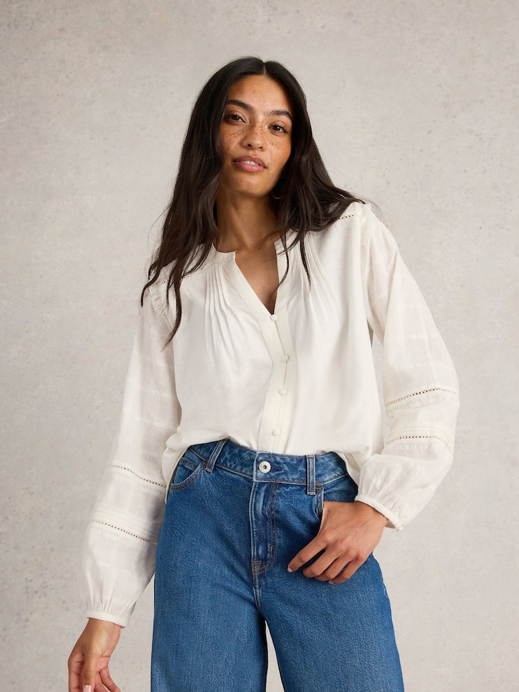 White Stuff Natural Blossom Button Neck Boho 100% Cotton Top - Image 1 of 6