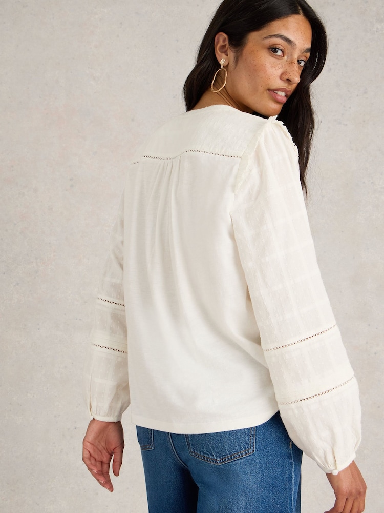 White Stuff Natural Blossom Button Neck Boho 100% Cotton Top - Image 2 of 6