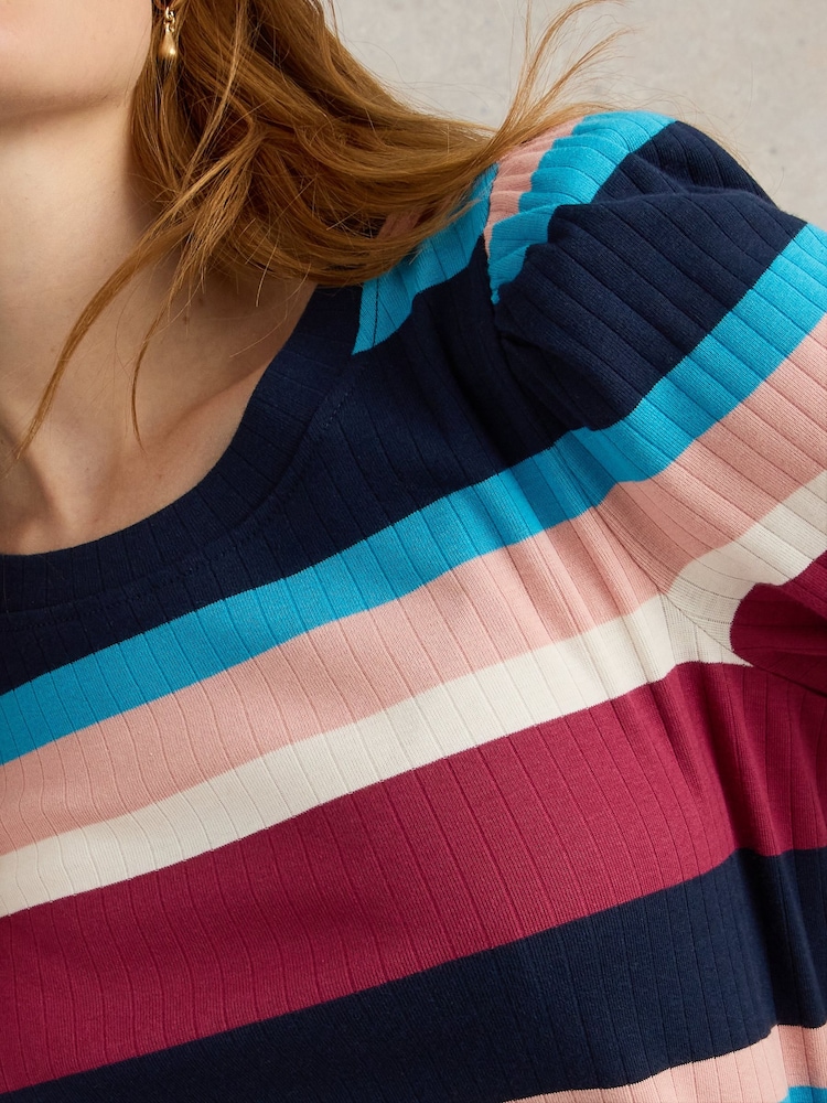 White Stuff Blue Puff Sleeve 100% Cotton T-Shirt - Image 4 of 4