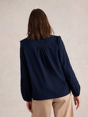 White Stuff Blue Blossom Button Neck Boho 100% Cotton Top - Image 2 of 6