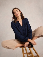 White Stuff Blue Blossom Button Neck Boho 100% Cotton Top - Image 3 of 6