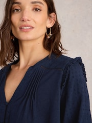 White Stuff Blue Blossom Button Neck Boho 100% Cotton Top - Image 4 of 6