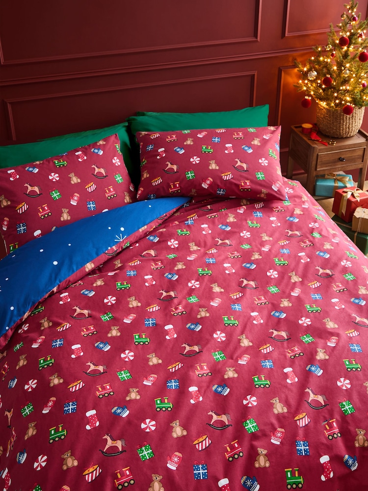 Catherine Lansfield Navy Blue Christmas Santa's Workshop Duvet Cover Set - Image 2 of 4