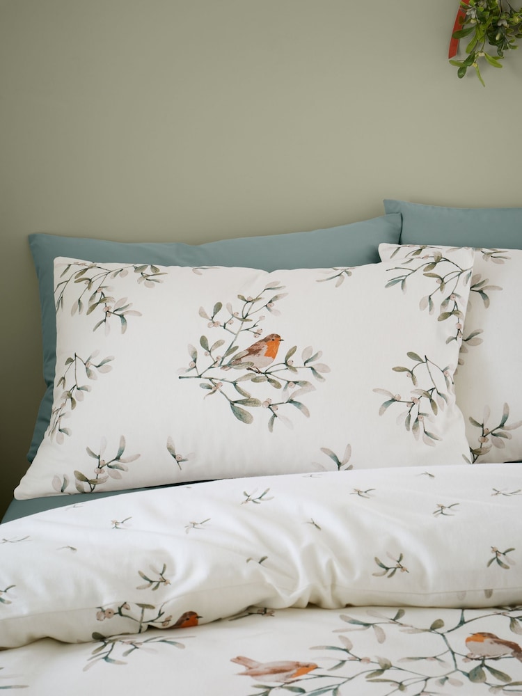 Catherine Lansfield Cream Brushed 100% Cotton Mistletoe Robins Duvet Cover Set - Image 3 of 6