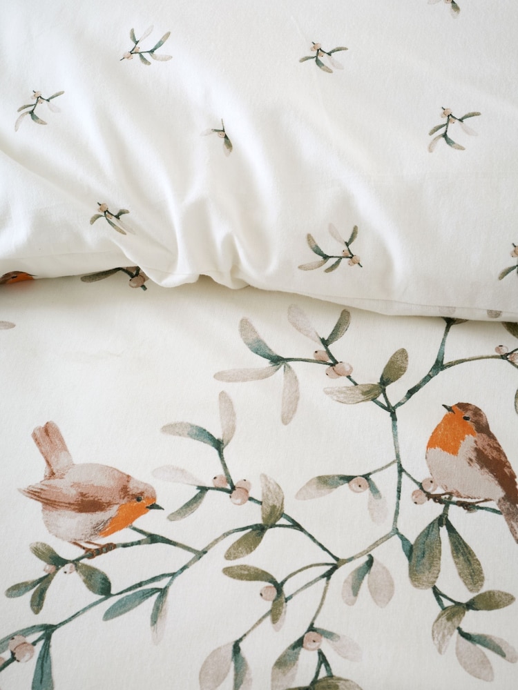 Catherine Lansfield Cream Brushed 100% Cotton Mistletoe Robins Duvet Cover Set - Image 4 of 6